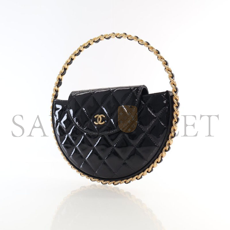 CHANEL PATENT CALFSKIN QUILTED CHAIN HOOP BAG BLACK AP3585 (23*23*3cm)
